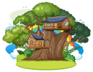 Colorful vector illustration of a whimsical treehouse clipart