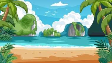 Bereketli yeşil adalar ve palmiyelerle sakin sahil manzarası