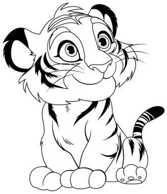 Şirin bir kaplan yavrusunun siyah beyaz çizimi