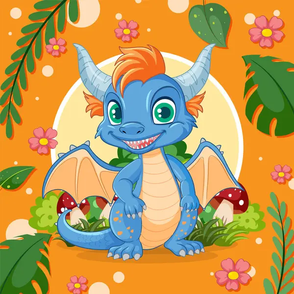 Illustration Dragon Coloré Avec Fond Floral Vibrant — Image vectorielle