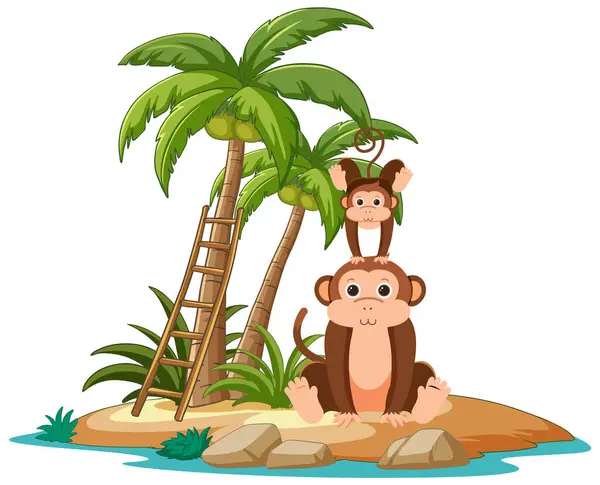 Maymun Bir Adada Palmiye Ağaçlarının Altında Dinleniyor — Stok Vektör