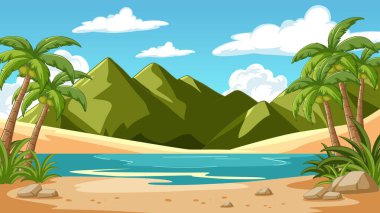 Palmiye ağaçları ve dağlarla sakin sahil sahnesi