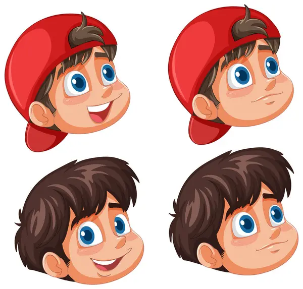 Four Expressions Cartoon Boy Cap — Stock Vector