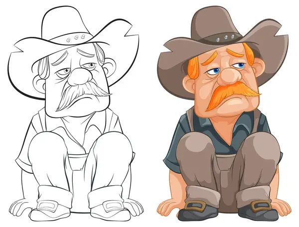 Two Cartoon Cowboys Somber Expressions Sitting — Stock Vector
