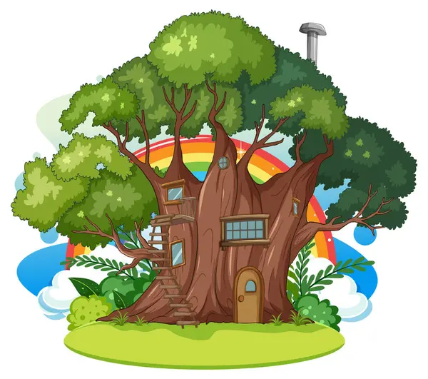 Kolorowy Domek Drzewie Tęczą Bujną Zielenią — Wektor stockowy