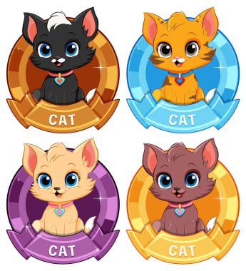 Renkli rozetli dört sevimli yavru kedi.