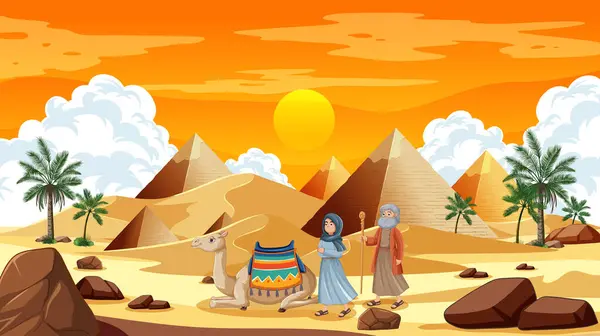 Ilustración Egipcios Con Camello Cerca Pirámides — Vector de stock