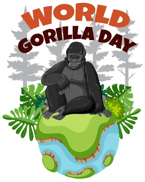Gorilla Sitting Earth Surrounded Foliage Text — Stock Vector