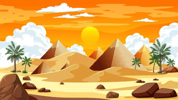Vektorová Ilustrace Pyramid Poušti Při Západu Slunce — Stockový vektor