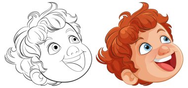 Mutlu bir çocuğun renkli ve çizgi çizgisi çizimleri.