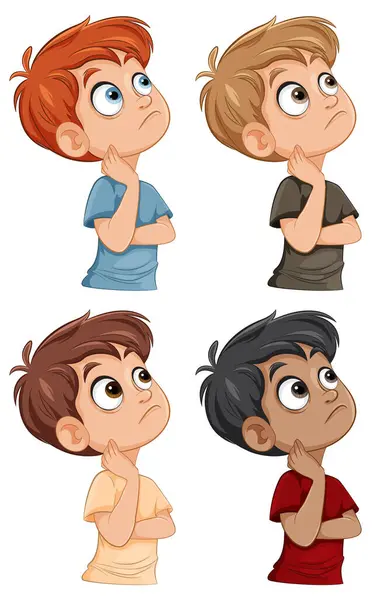 Čtyři Kreslení Chlapci Přemýšlející Zvědavými Výrazy — Stockový vektor