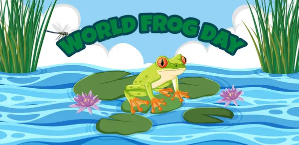 Kutlama metniyle zambak pedleri üzerinde renkli kurbağa