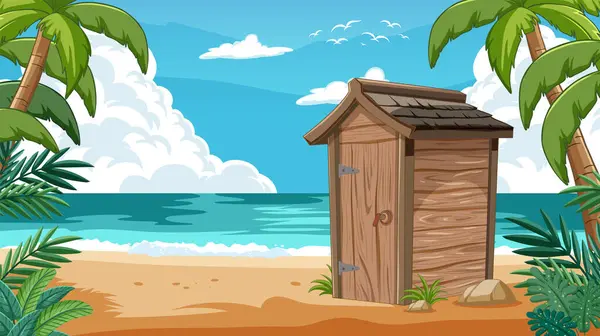 Capanna Legno Una Spiaggia Sabbia Serena — Vettoriale Stock