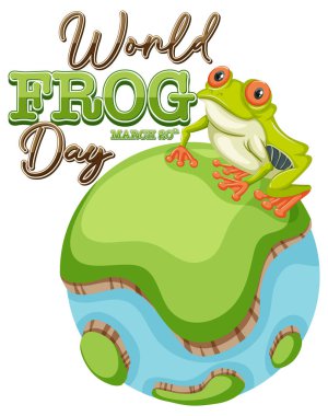 Renkli bir kurbağa stilize bir Dünya küresinin üzerinde oturuyor..