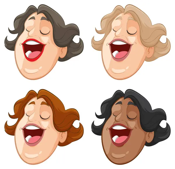Four Cartoon Faces Expressing Happiness Laughter — Stock Vector