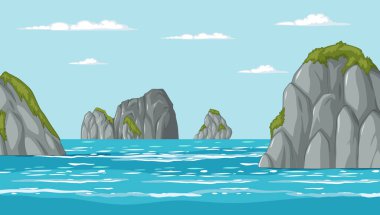 Sakin deniz kayalık kayalıklar ve berrak gökyüzü