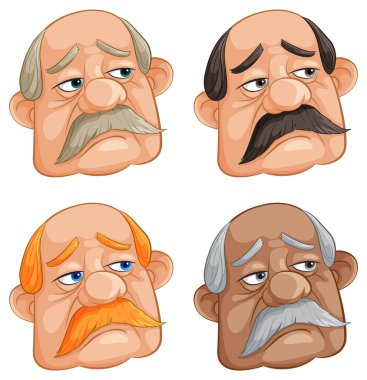 Farklı ifadelere sahip dört stilize yaşlı erkek yüzü.