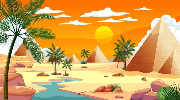 日落时金字塔及棕榈树的矢量图 — 图库矢量图片