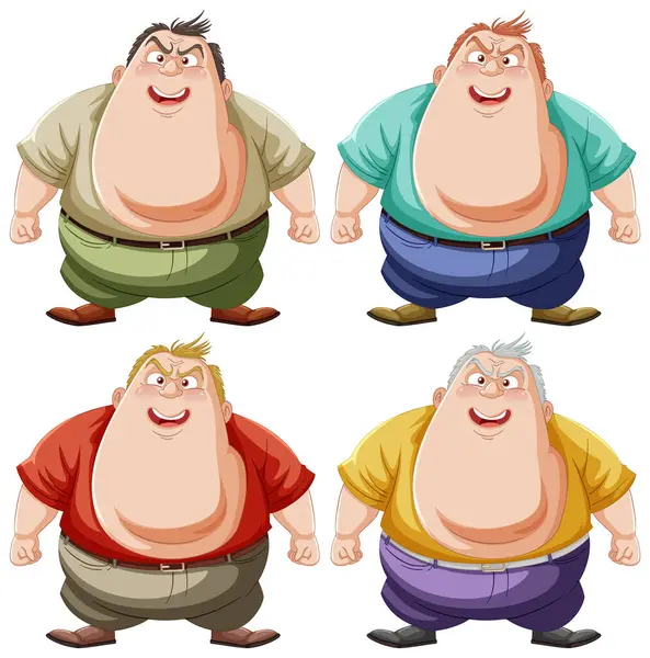 四个穿着五颜六色衣服的快乐卡通人物 — 图库矢量图片