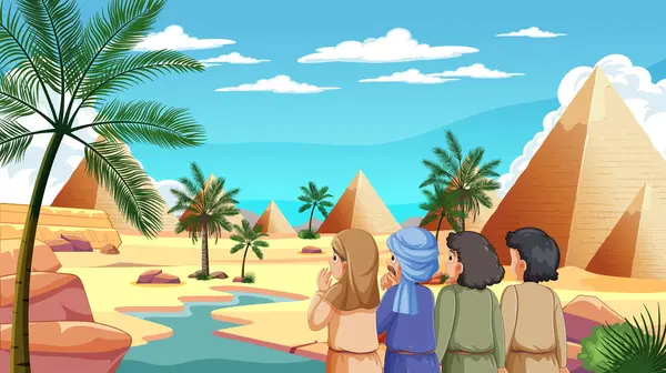 Grupo Amigos Admirando Las Pirámides Egipcias — Vector de stock