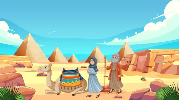 エジプトのピラミッドの近くにラクダを持つアニメーション旅行者 — ストックベクタ