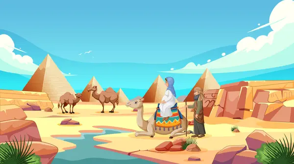 Ilustração Colorida Camelos Perto Pirâmides Egípcias — Vetor de Stock