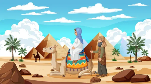 Illustration Von Reisenden Mit Kamelen Der Nähe Von Pyramiden — Stockvektor