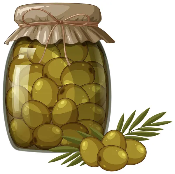 Vector Illustration Jar Filled Green Olives — Stock Vector