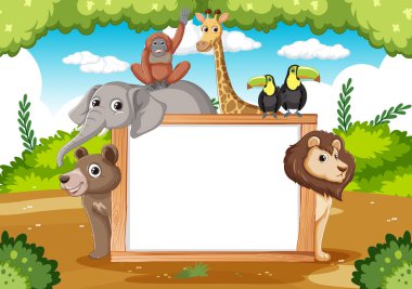 Boş beyaz bir tabela etrafında çizgi film hayvanları
