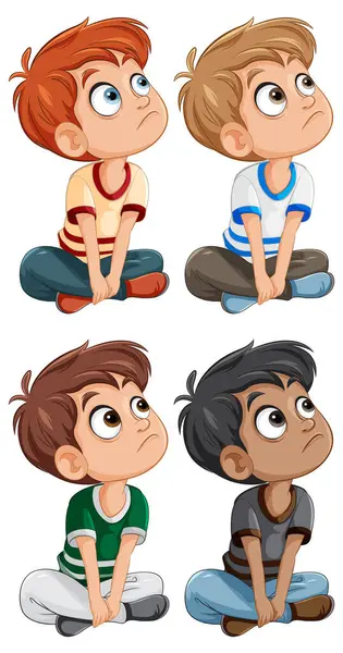 Ilustrace Čtyř Mladých Chlapců Hledících Vzhůru — Stockový vektor