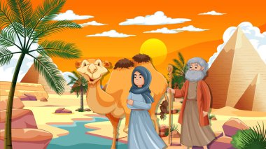 Günbatımında piramitlerin yakınındaki gezginlerin vektör çizimi.