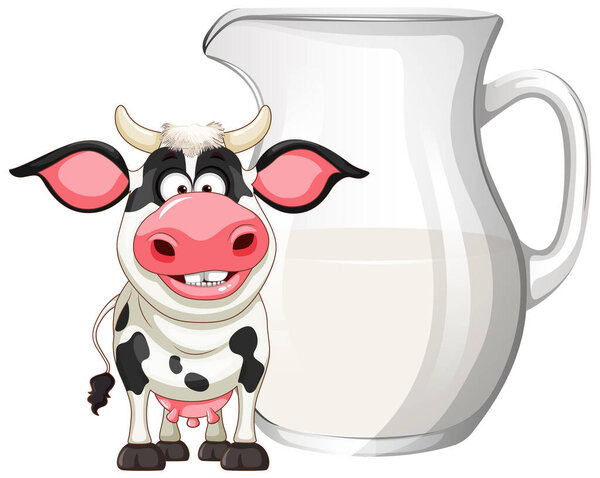 Cartoon cow standing next to a large milk jug