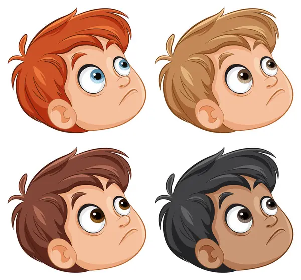 Cuatro Chicos Ilustrados Mostrando Diferentes Expresiones Faciales — Archivo Imágenes Vectoriales