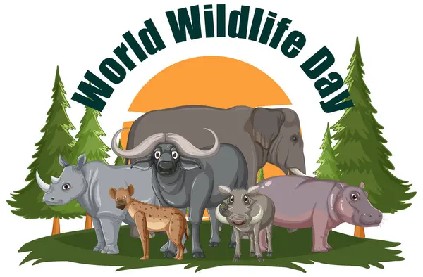 Dünya Vahşi Yaşam Gününü Kutlayan Çeşitli Hayvanların Tasviri — Stok Vektör