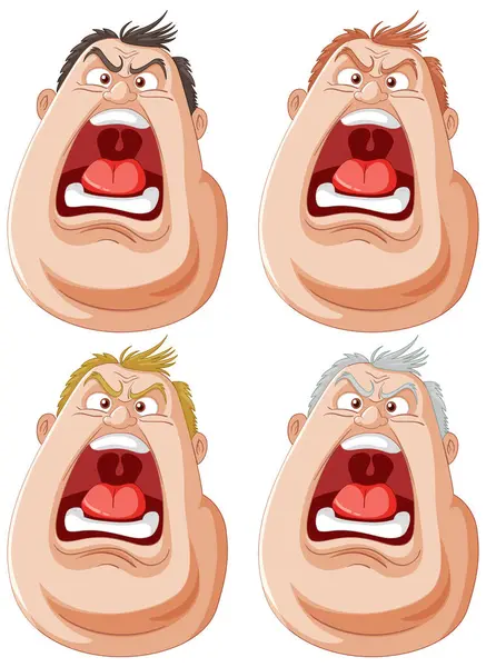 Four Cartoon Faces Showing Intense Shouting Expressions — Stock Vector
