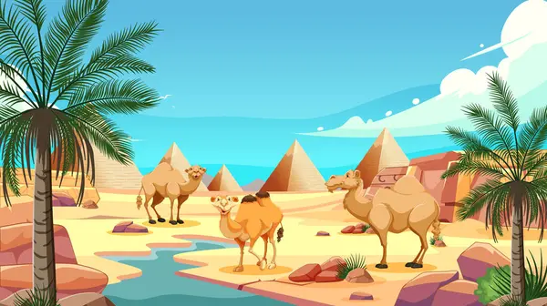 Vektor Illustration Kameler Nära Egyptiska Pyramider — Stock vektor