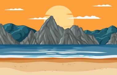 Gün batımında sakin bir sahil ve dağ manzarasının vektör çizimi.