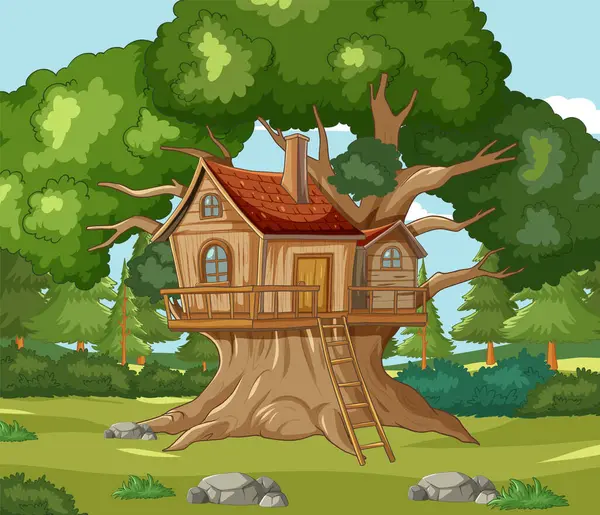 Quaint Wooden Treehouse Nestled Vibrant Greenery — Stock Vector