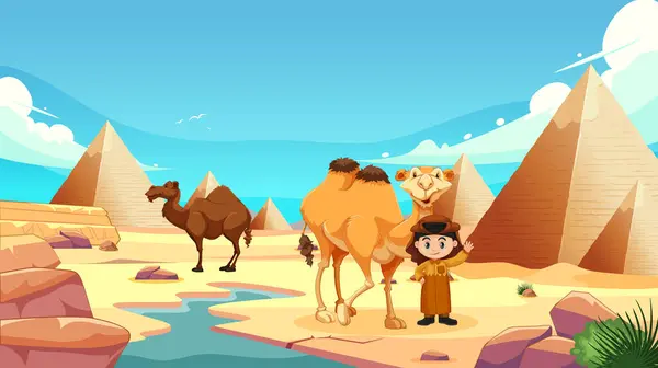 Explorador Dibujos Animados Con Camellos Cerca Pirámides Antiguas — Vector de stock