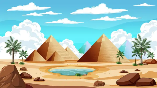 Illustration Dessins Animés Pyramides Côté Une Oasis Désertique — Image vectorielle