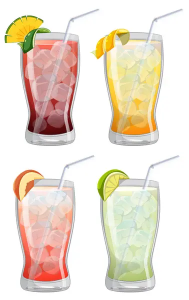 Four Vector Glasses Assorted Fruit Drinks — Stock Vector