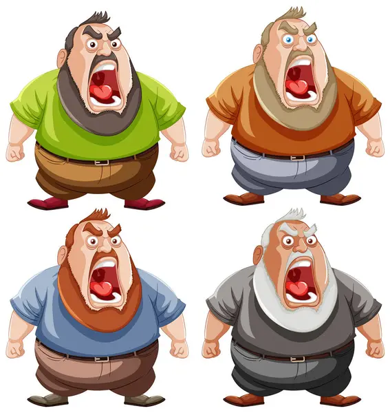 Vektorová Ilustrace Čtyř Kreslených Mužů Vyjadřujících Hněv — Stockový vektor
