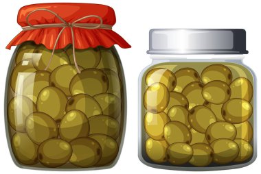 İki kavanoz dolusu yeşil zeytin, biri kumaşla mühürlenmiş.