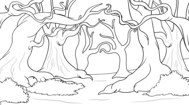 Mistik bir orman sahnesinin siyah beyaz çizimi