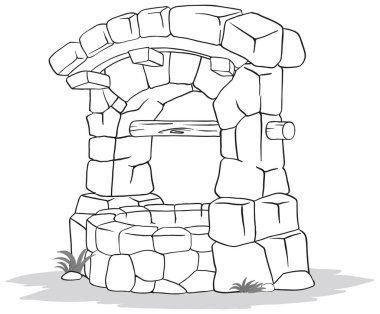 Bir taş kuyusunun siyah beyaz çizimi.