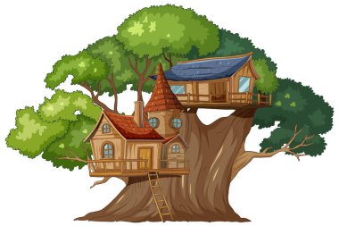 Canlı yeşil yaprakların arasında yuva yapmış tuhaf bir ağaç evi.