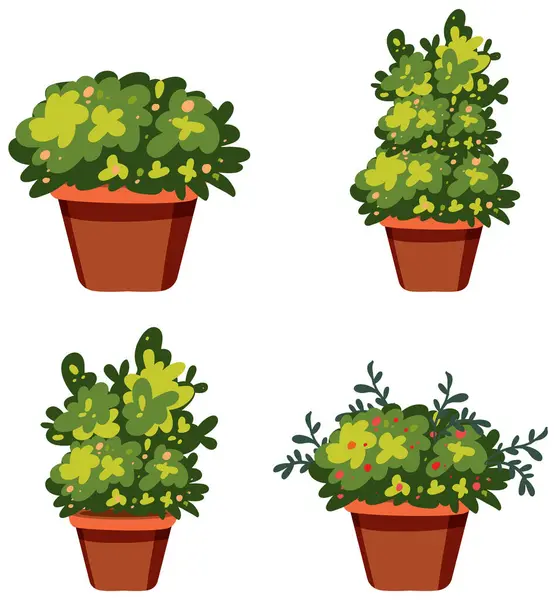 Vier Vectorillustraties Van Weelderige Potplanten Stockvector