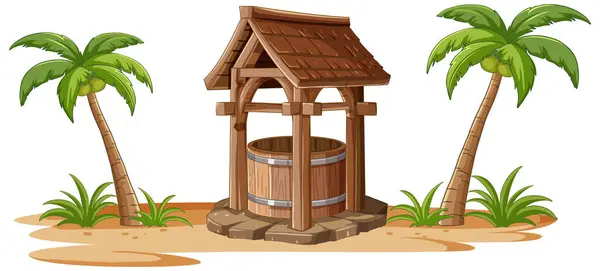 Dřevěná Studna Mezi Dvěma Palmami — Stockový vektor