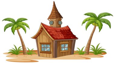 Palmiyeli kumlu bir sahilde tuhaf ahşap bir kulübe.