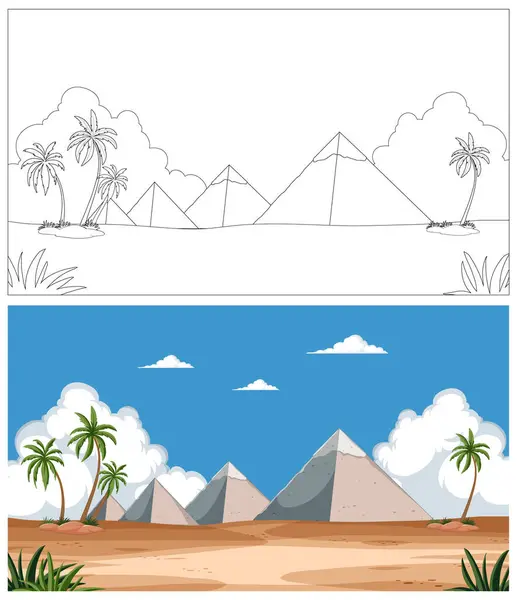 Scene Desertiche Colorate Delineate Con Piramidi — Vettoriale Stock